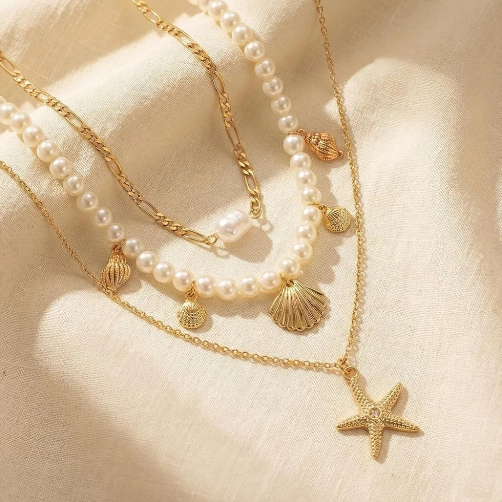 Gold Plated Boho Layered Pearl Conch Shell Starfish Necklace